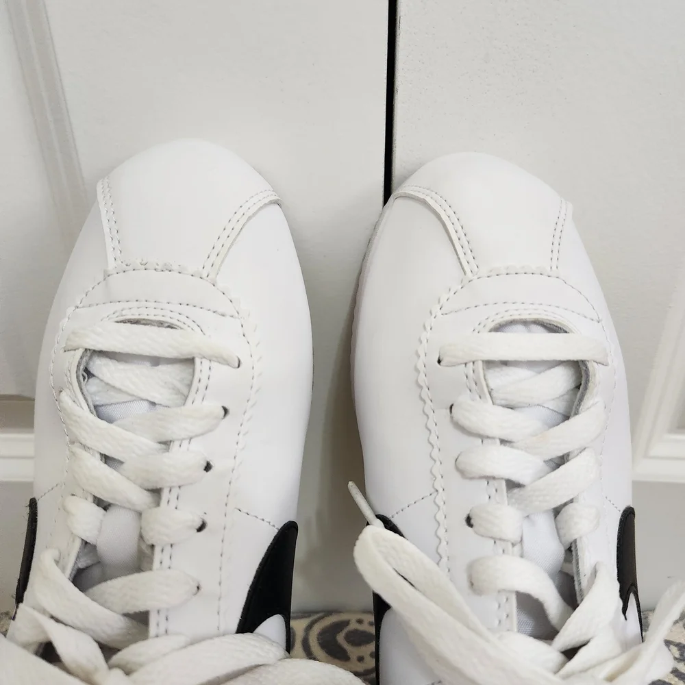 Nike White Leather Cortez Sneakers with Black Swoosh 2018